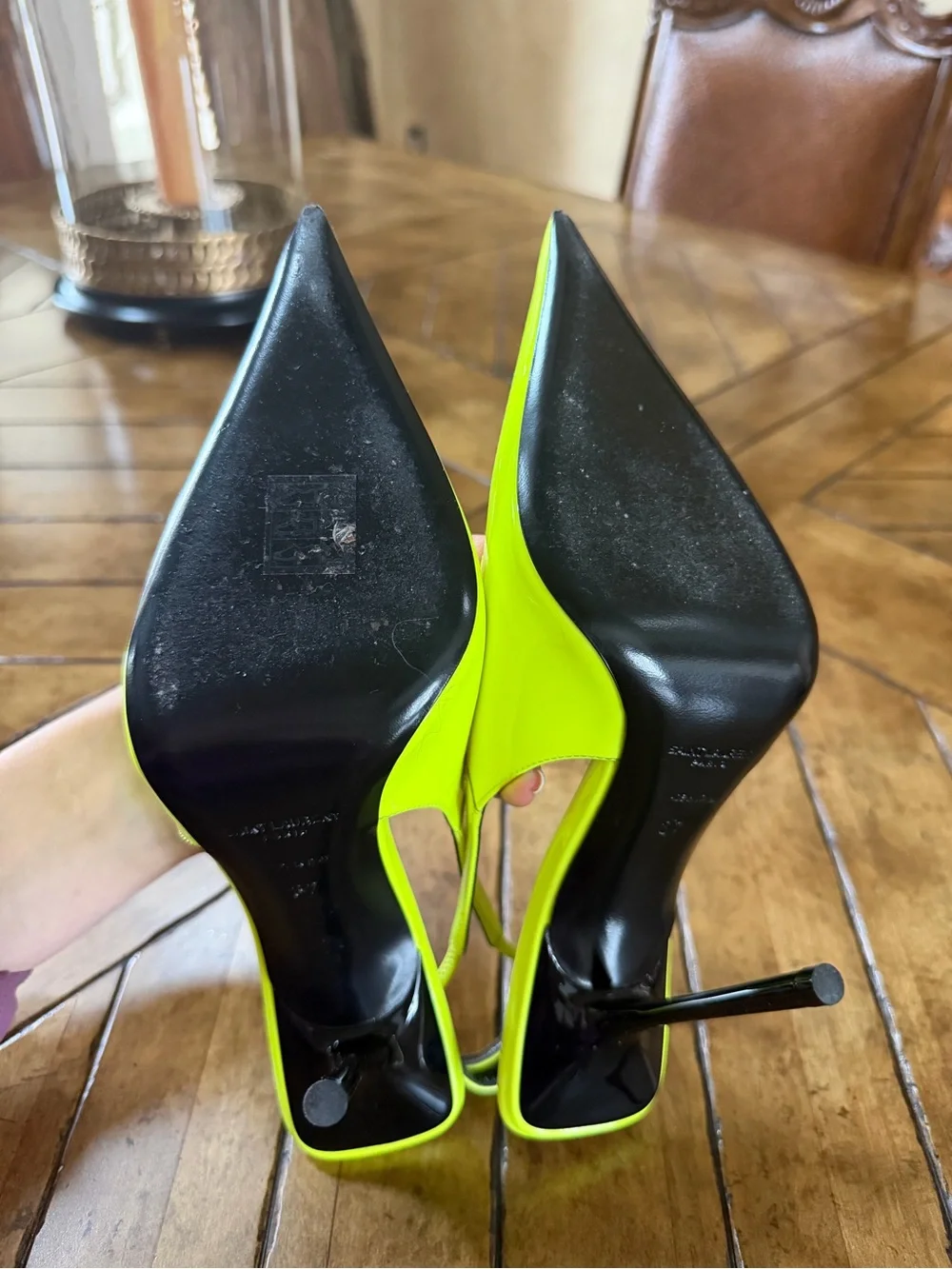 Saint Laurent Neon Lime Patent Slingback Pointed Pumps - Picture 4 of 4